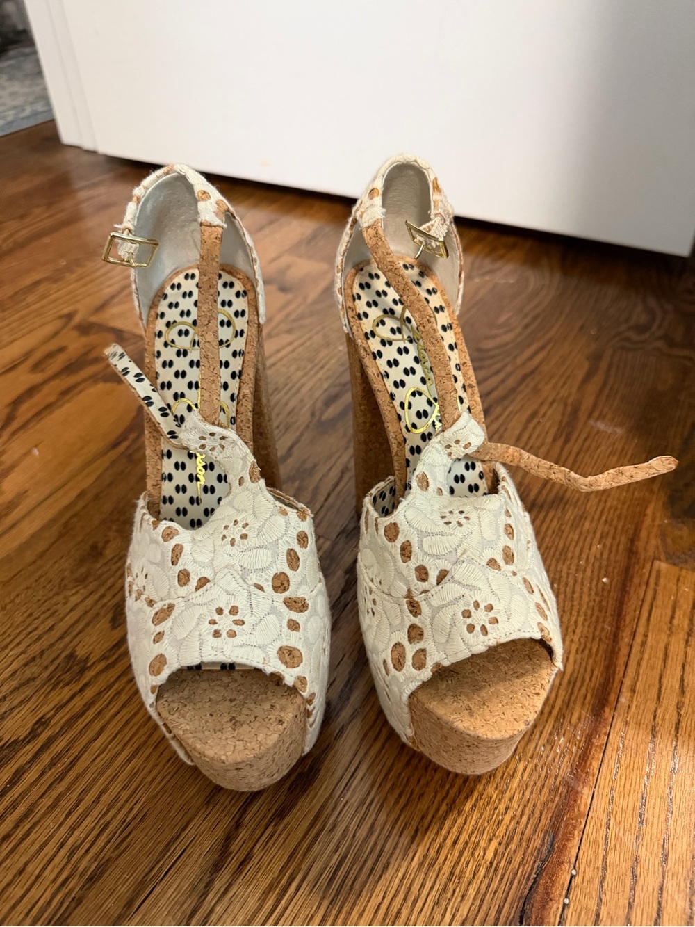 Jessica Simpson Cream Lace Cork Wedge Sandals